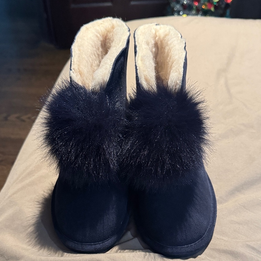 BearPaw Black and Cream Fur Pom Pom Boots
